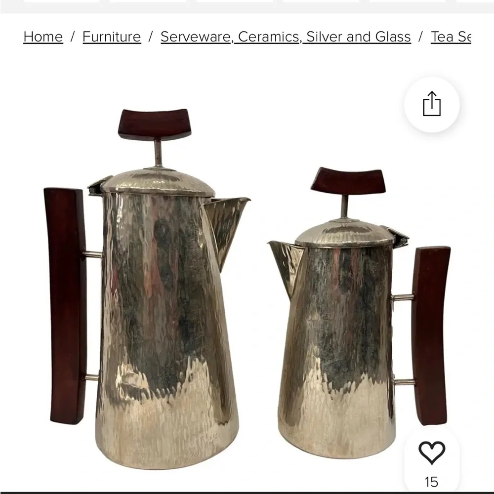 Silver-plated Coffee or Tea Pot + Teak Cheese Board hammered texture wood handle